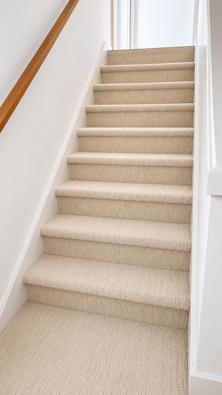 Cream carpeted staircase by Evergreen Flooring